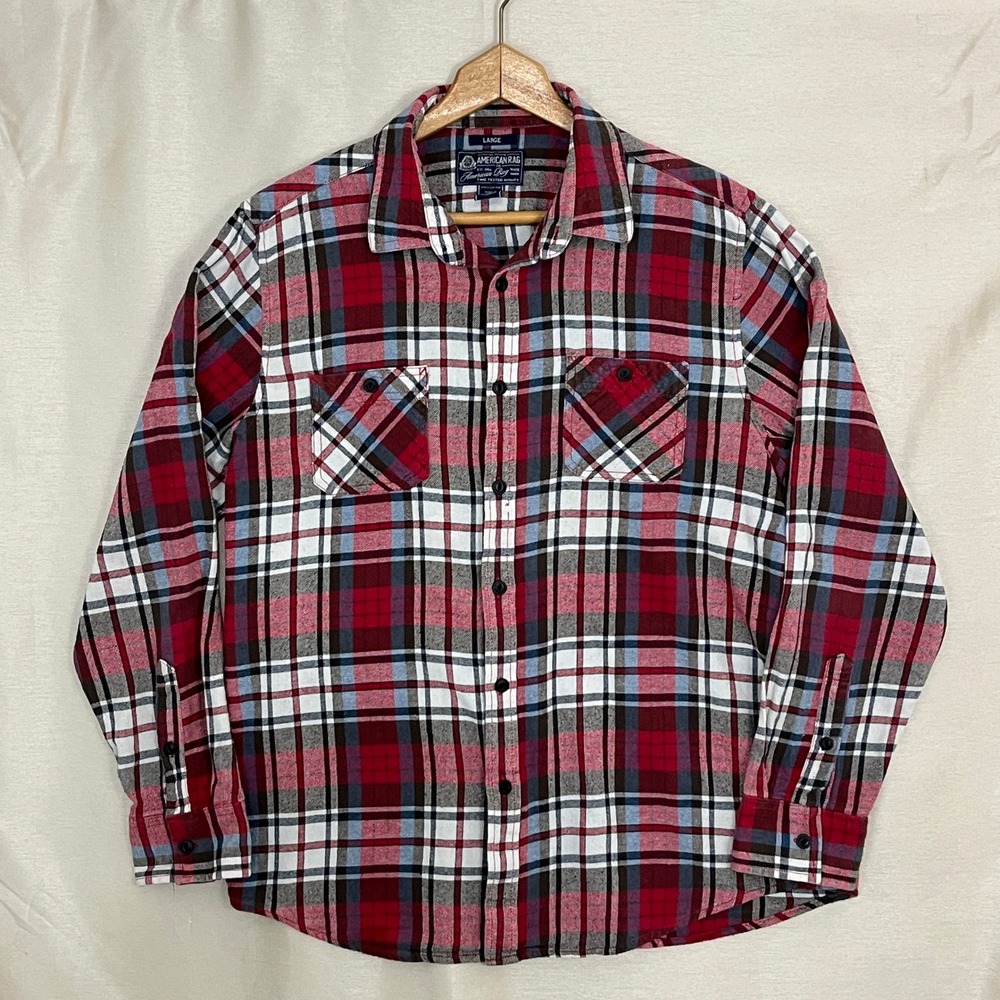 American Rag Men's Size L Red‎ Plaid Flannel Shirt 90s Grunge Y2K Casual Cotton